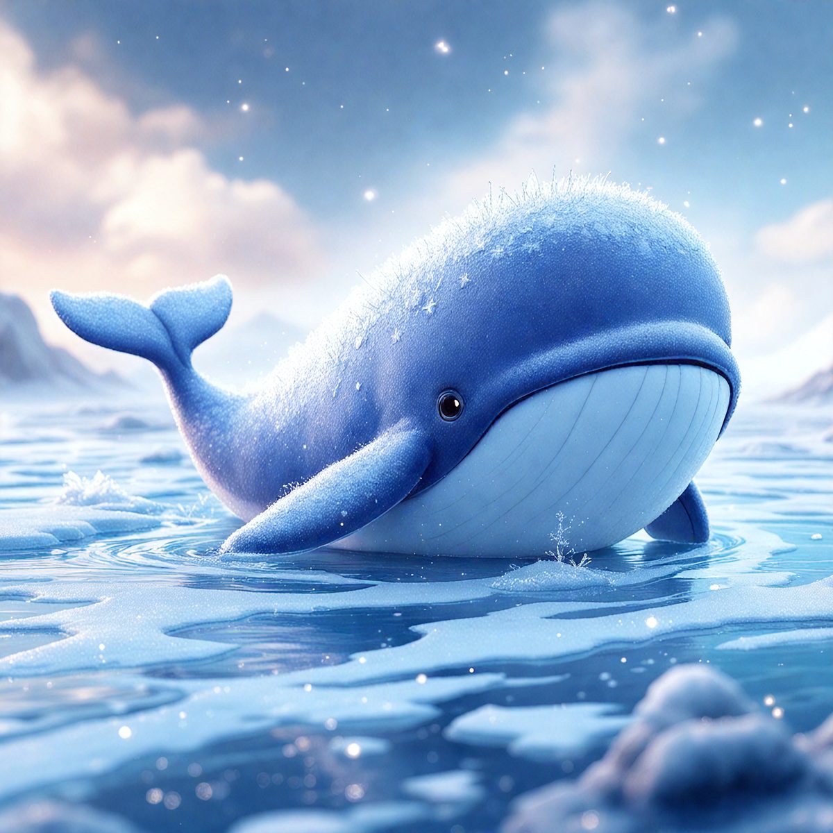 The primary subject of the image is a blue whale swimming in the ocean. The whale is the main focus of the image, and it appears to be enjoying its time in the water. The setting is the ocean, with the whale swimming through the water. The visual style of the image is digital art, as it is a well-crafted and detailed illustration of the whale. The colors and mood of the image are predominantly blue, which adds to the serene and peaceful atmosphere of the